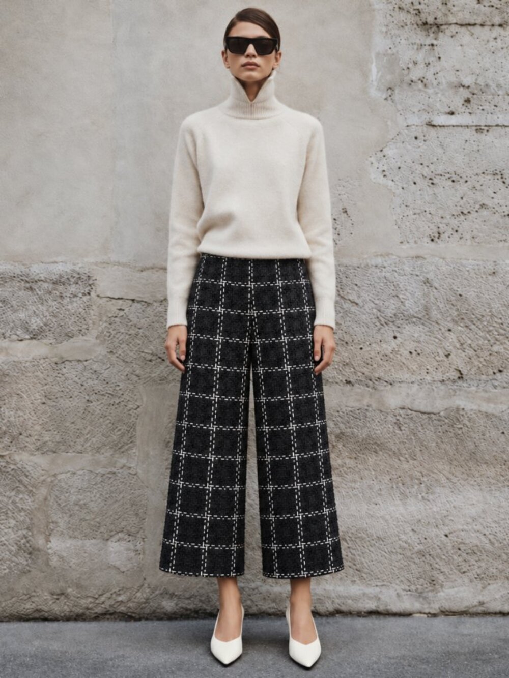 Plaid Boucle Wide-Leg Cropped Culottes Black White Pants Smart Casual